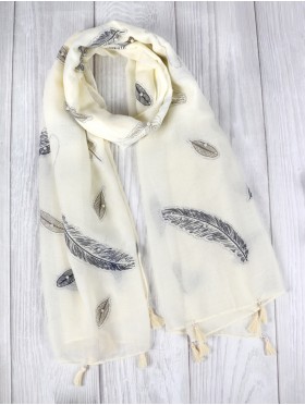 Feather Print Tassels Fashion Scarf W/ Pearl